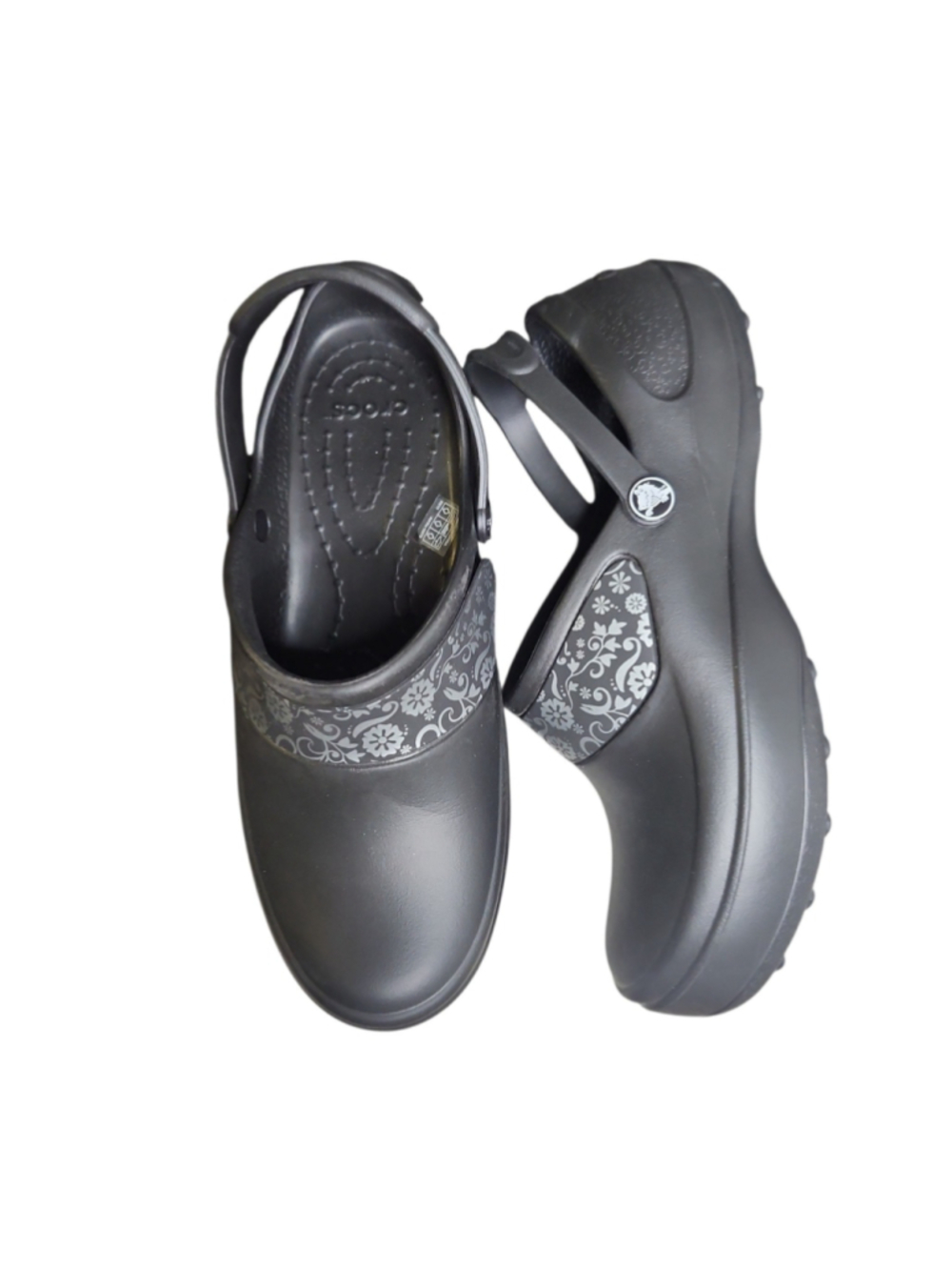 Crocs Mercy Work Clogs Women Size 10 Black Silver Floral Slip Resistant NWOT